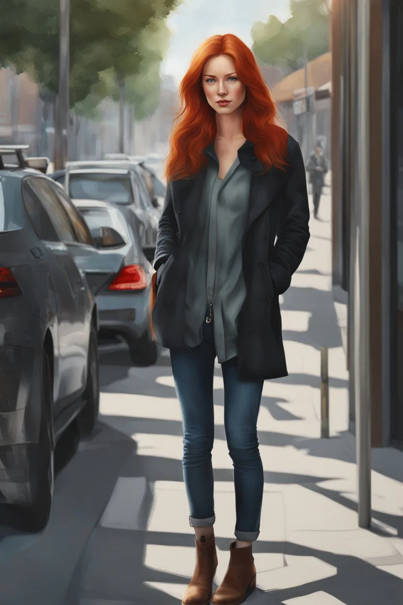 Young red-haired woman standing in the street, daytime, photorealistic