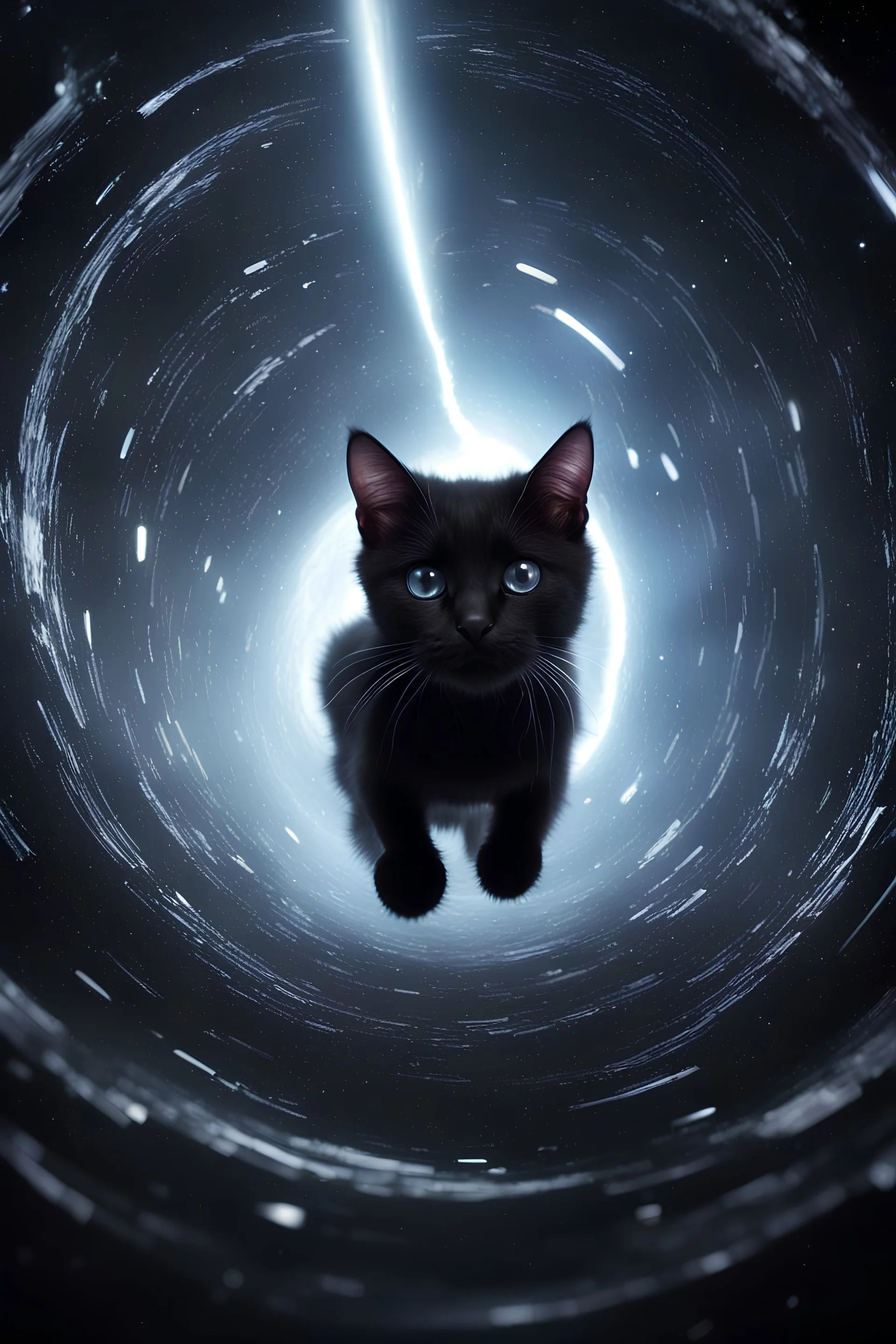 A young black cat falling trough a rift in space-time,spiral visuals, highly detailed, HD, 4k quality, cinematic lighting, seen trough a wide angle lens