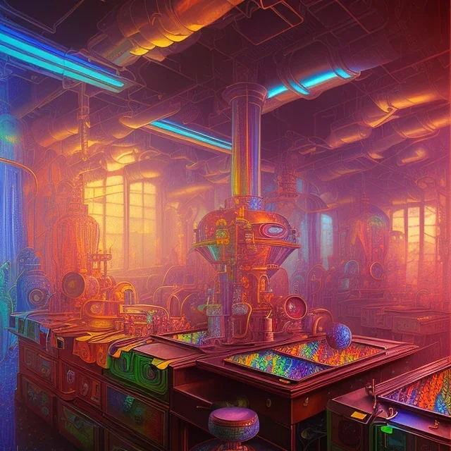 inside factory of colors. smoke rises from multi-colored glassware. color swatches in the background. hyperdetailed, warm colors, detailed painting, photorelistic, oil on canvas, light dust, futuristic. volumetric lighting