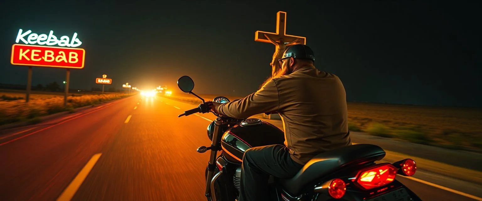 The kebab man driving fast on his motorcycle, fire from the exhaust, widescreen picture, empty road on the country at night, comic style, no helmet and he have a long black beard, neon kebab signs along the road, jesus at his cross