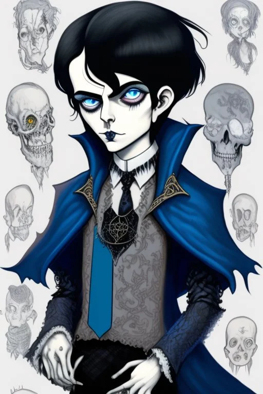 black haired blue eyed young man necromancer wizard with gothic jewelry in the style of charles addams