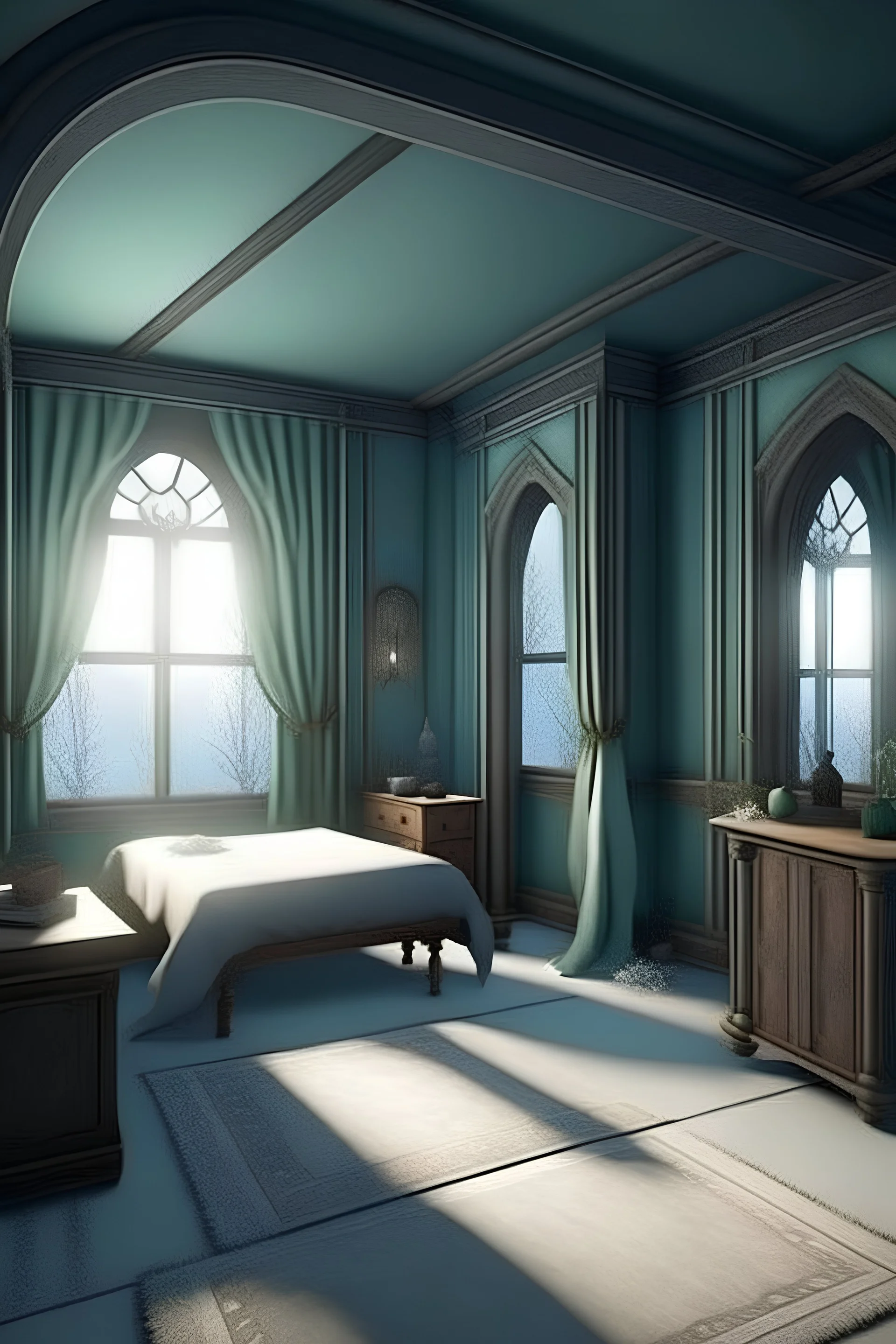 create a pavilion relating to chronicles of narnia, include 3 rooms themed as wardrobes. one room should be a snow room, the other should be medieval theme and the final one should relate tyo the sea.