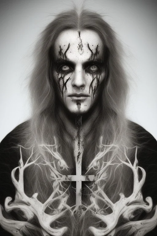 Symmetric portrait of a man with black metal facepaint, with long white hair, with a cross on his forehead, with bloody eyes