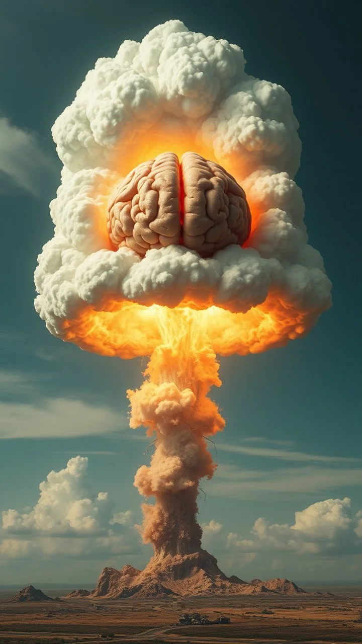 nuclear explosion cloud, the top is crossed with a human brain and eyes