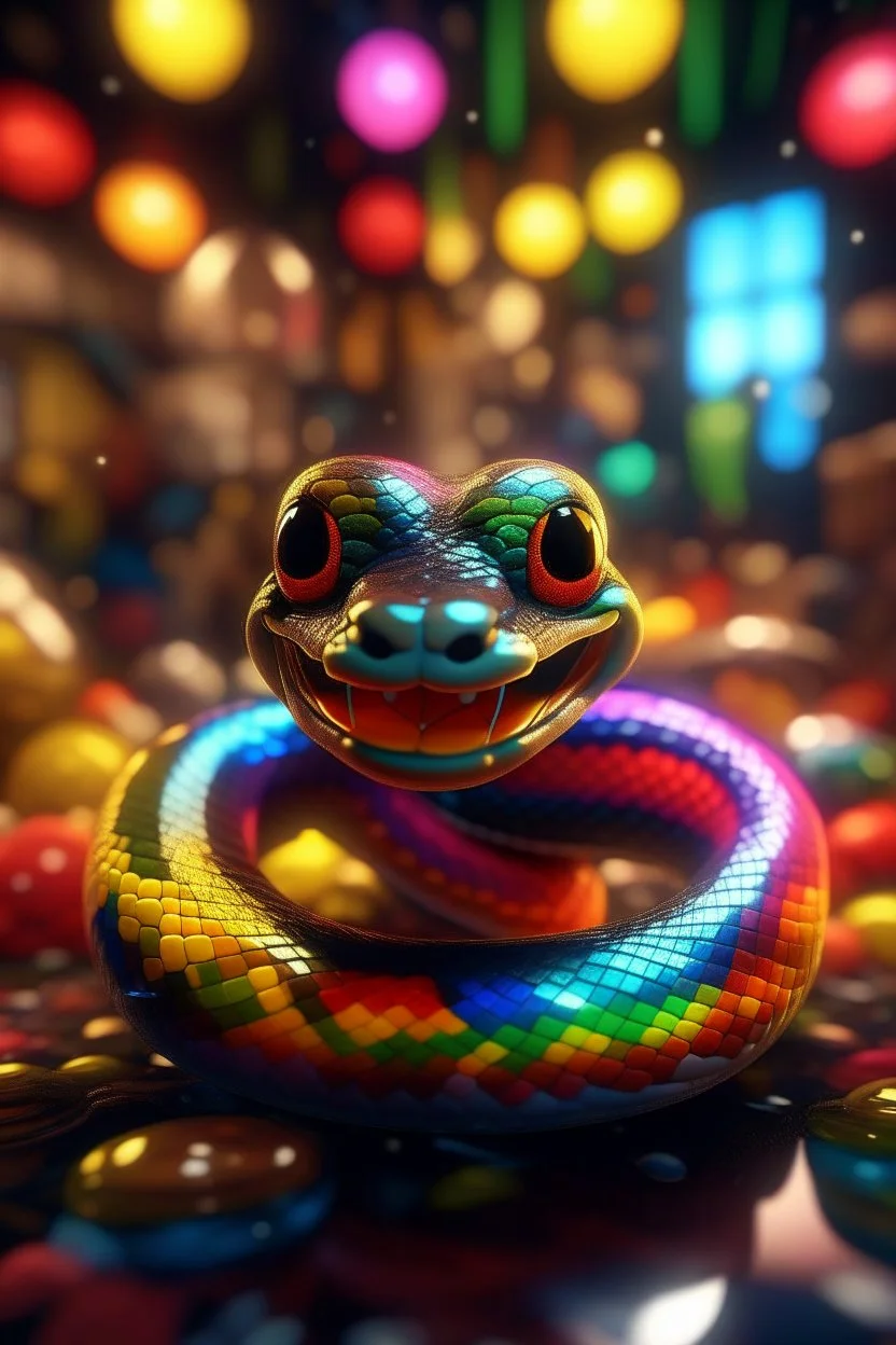 cute snake smiling among a pile of transparent jelly bubbles of weird colors, disco egg made of small mirror, light rayz, feast table ,shot on Hasselblad h6d-400c, zeiss prime lens, bokeh like f/0.8, tilt-shift lens 8k, high detail, smooth render, down-light, unreal engine, prize winning