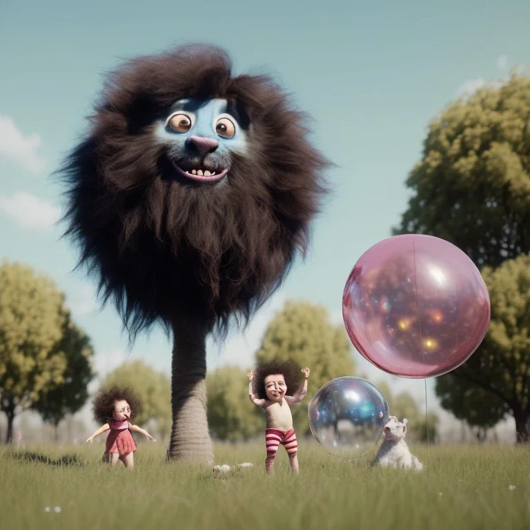 Ultra realistic circus scene. Sweet big hair monster. Child’s playing, strong man, smile, happy, color bubbles, smooth color, waist up view, Wes Anderson style, dark ambient, highly detailed, concept art, unreal engine 5, god rays, ray tracing, RTX, lumen lighting, ultra detail, volumetric lighting, 3d, finely drawn, high definition, high resolution.