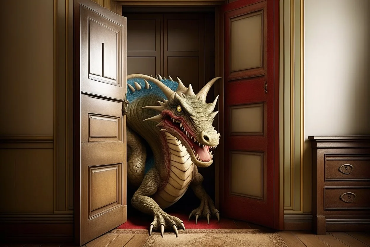 A real good dragon knocks on the door of a child's room, realism photographic,