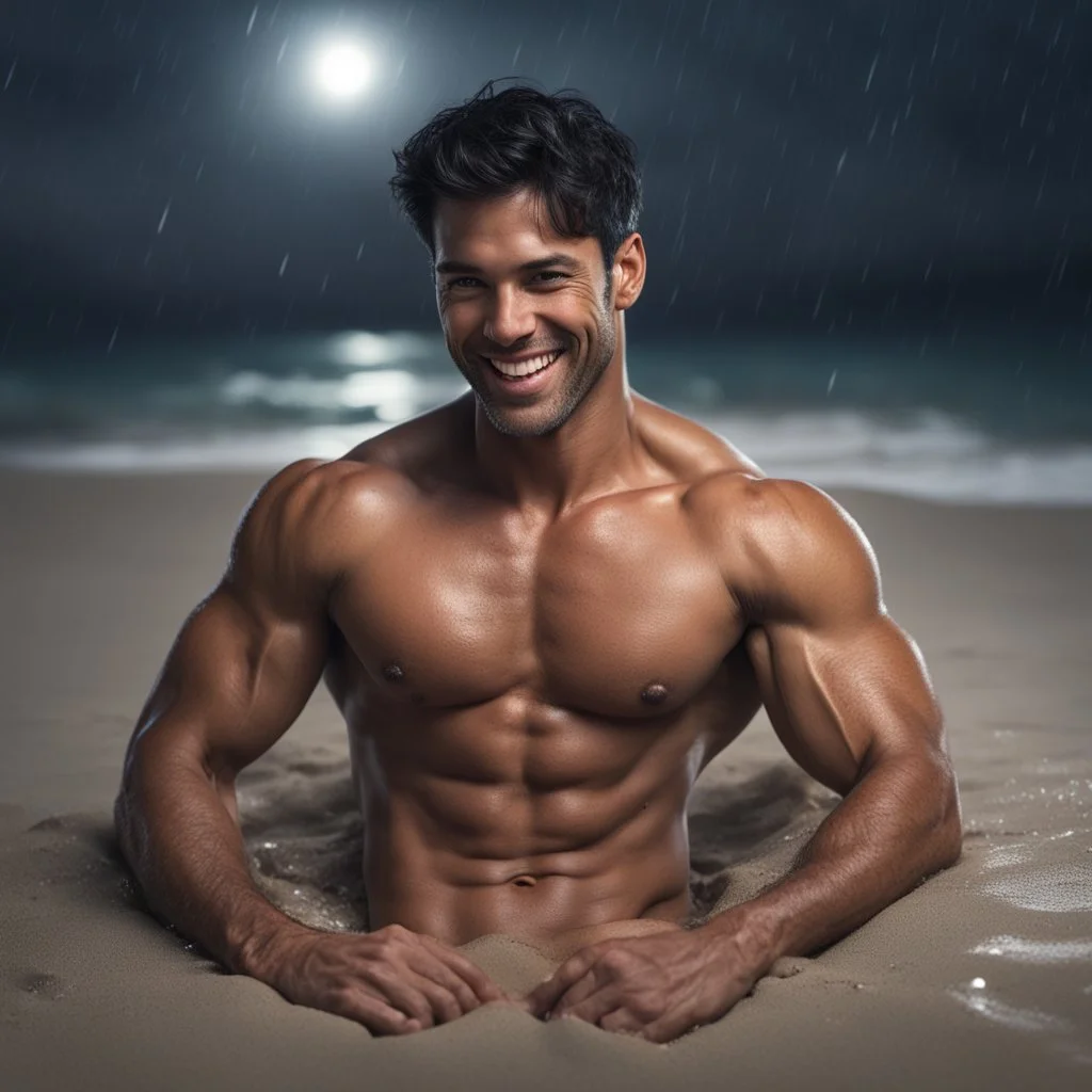 Hyper realistic very handsome shirtless muscular short black hair man smiling & lying down on a beach at rainy night