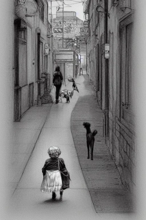 street, old lady with old poodle walking, model style, hyper realistic, accurate, delicate, extremely detailed, Graphic novel style, wide-angle, front view, open aperture, superfine pencil