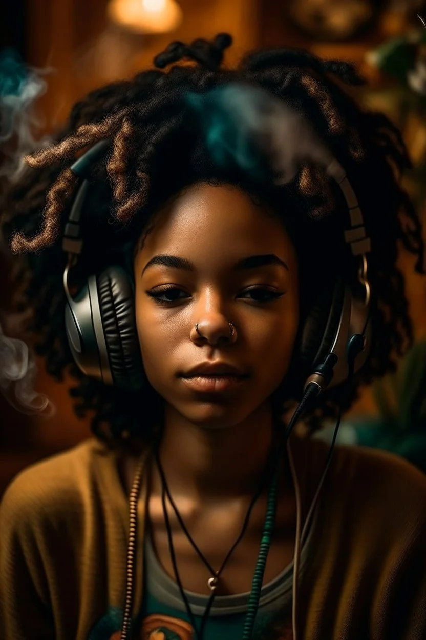 earthy black young woman listening to music with headphones, soul, peace, majestic, earthy colours, at peace, happy, incense, jewels, bands, natural, old school headphones, low siren eyes, incense, almond eyes, no eyelid wrinkles