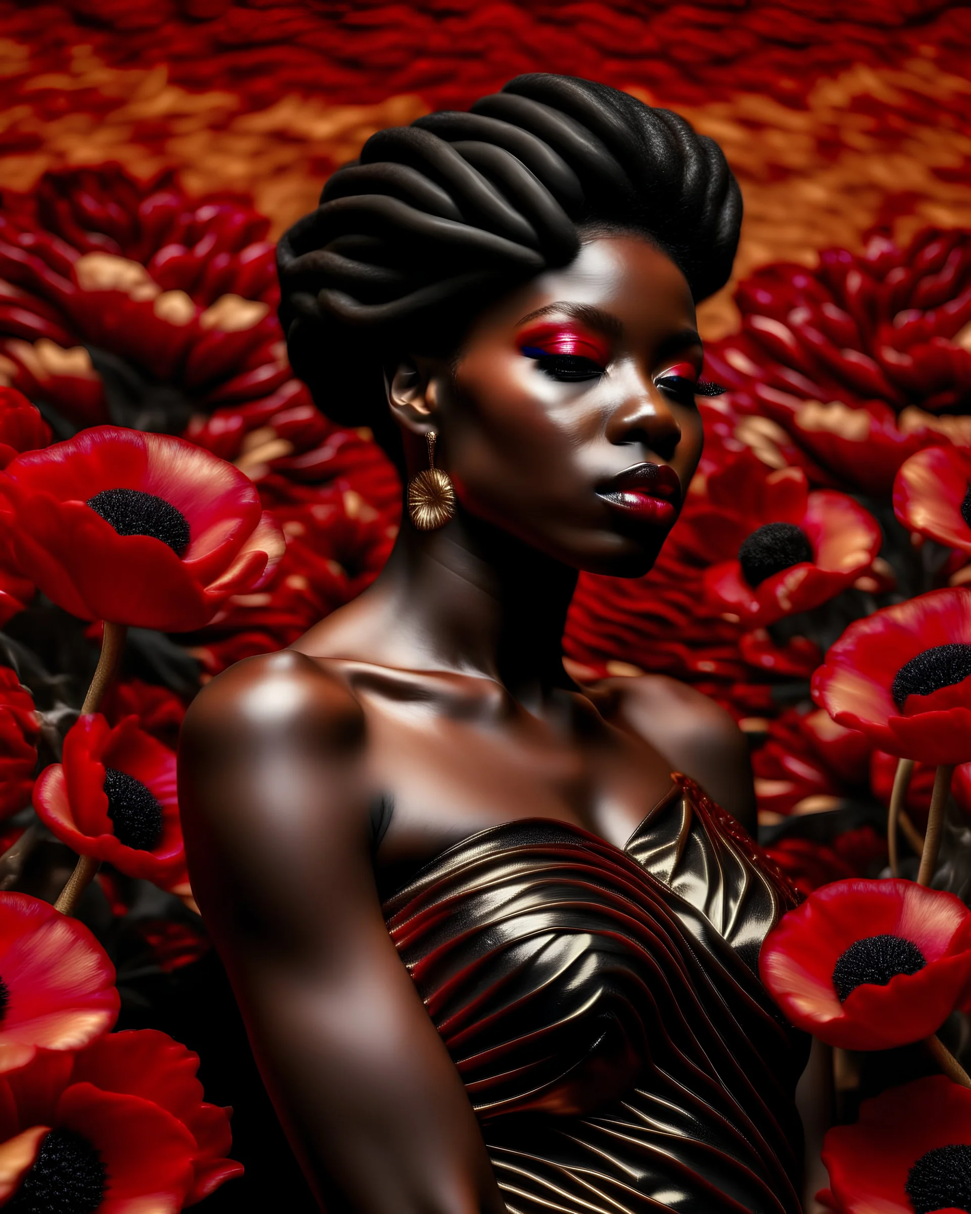 masterpiece, vibrant colors, an african female wearing gold jewelry and a black dress, surrounded by giant red and gold poppy flowers, hyper realism, 8k, ultra detailed, photorealistic, ultra realistic