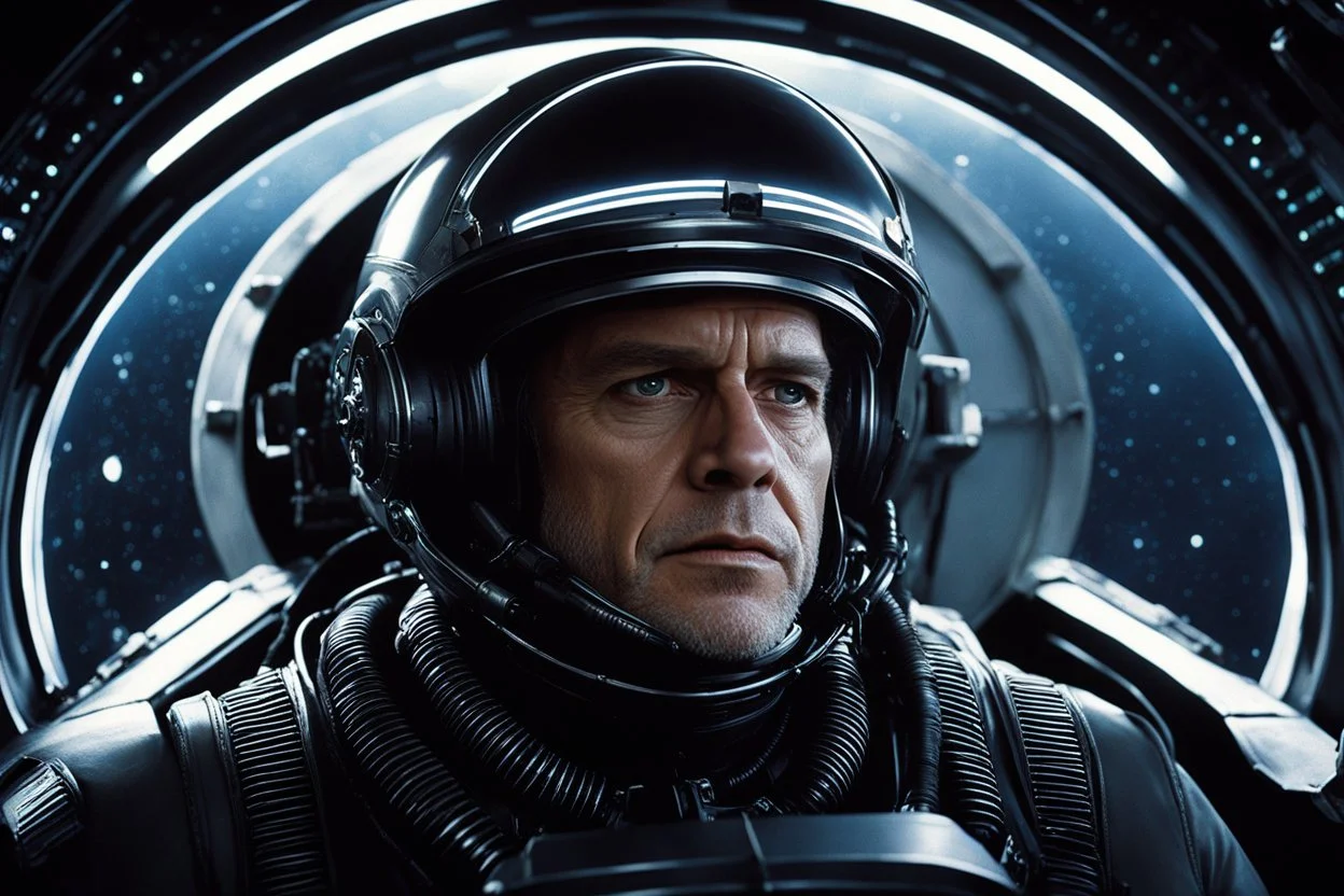 [movie shot by H.R. Giger in Verve colour palette] Cinematic side-profile of a pilot in a futuristic spaceship, slammed into his seat by extreme G-forces. Facial features strain under pressure. A round porthole beside him shows the dark void of space with faint star streaks. Cockpit illuminated by glowing panels and dramatic rim light, high-detail realism.