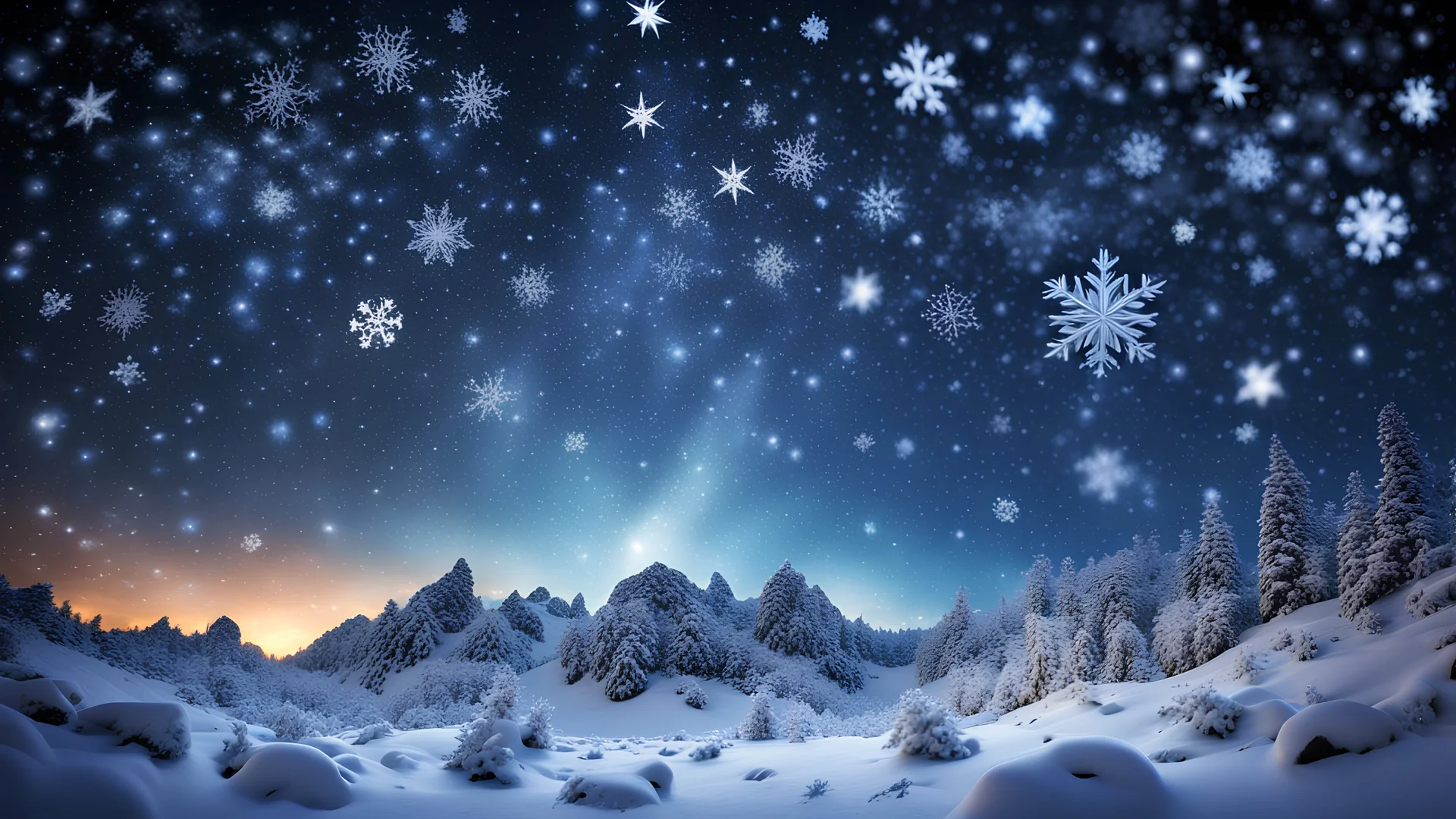 picture of a starry sky filled with large, intricately detailed snowflakes; vibrant, wide-angle, large depth-of-field, photorealistic, hyperrealistic