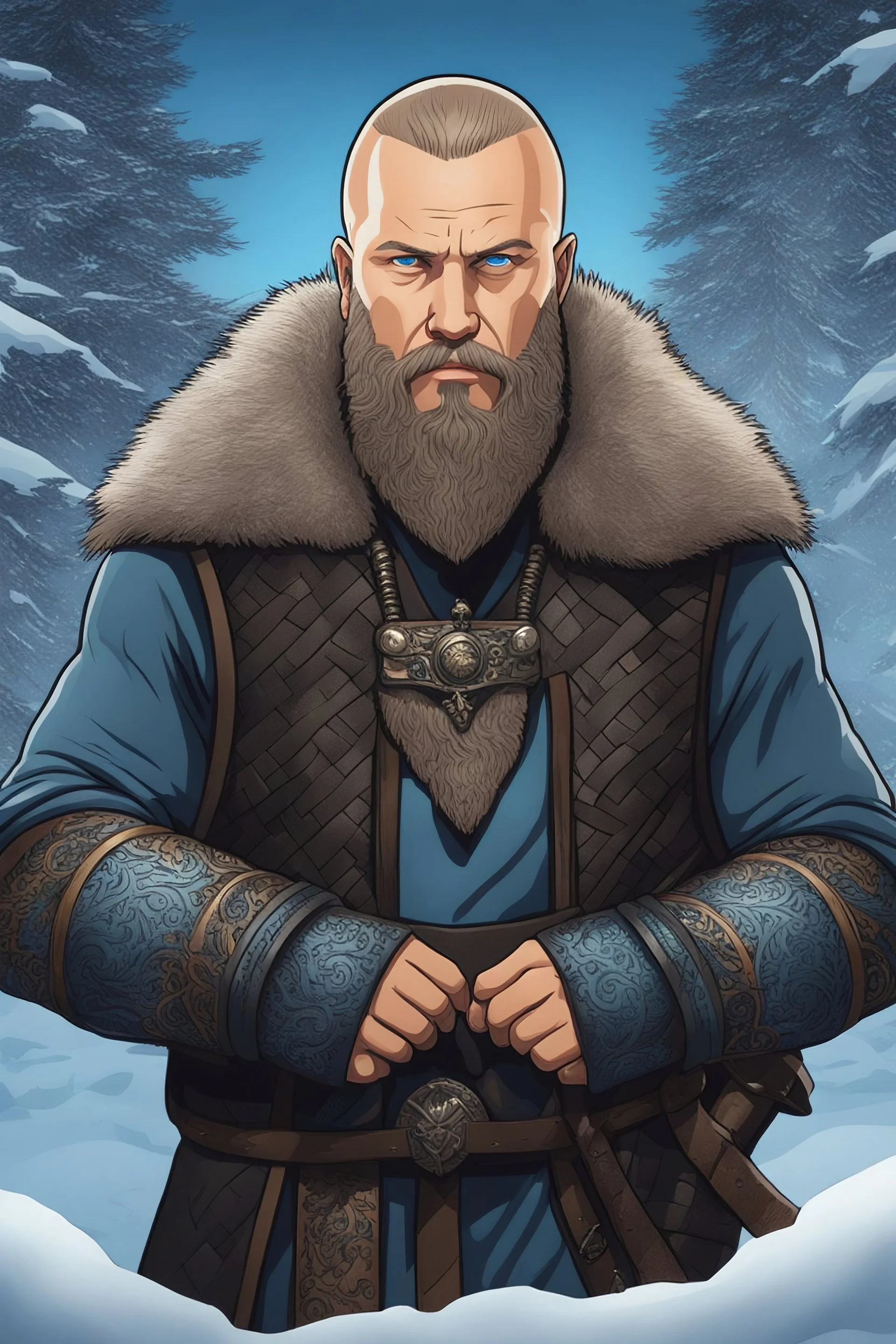 Ragnar Lothbrok in 8k cartoon artstyle, blue eyes, Bald, big beard, tattoos, winter, close picture, highly detailed, high details, detailed portrait, masterpiece,ultra detailed, ultra quality