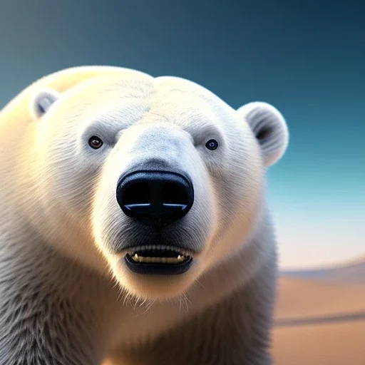 pixar style, volumetric summer desert environment and background, realistic painting of an polar bear, looking excited, volumetric lighting, dramatic lighting, detailed digital painting, extreme dense and fine fur, anime, ornate, colour-washed colors, elegant, small minutiae, tiny features, particulars, centered, smooth, sharp focus, renderman gofur render, 8k, uhd, detailed eyes, realistic shaded volumetric lighting, sunlight caustics, backlight, centered camera view