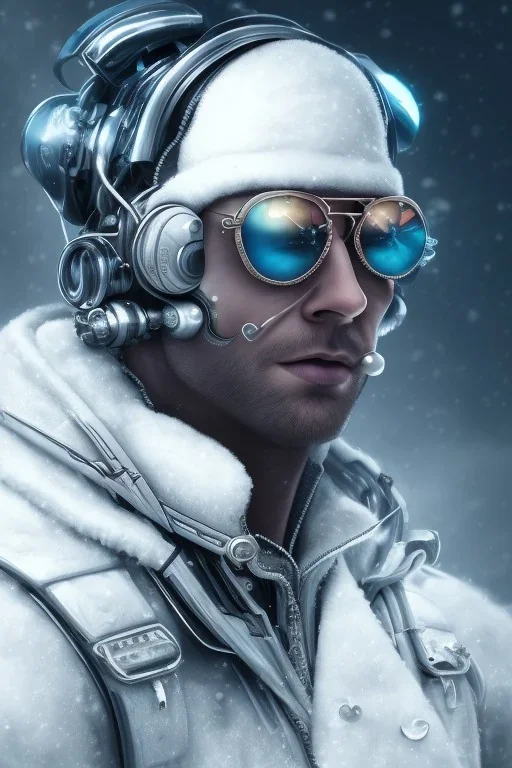 Snow man like a cyborg,with sunglasses,portrait,detail,textures,cinematic