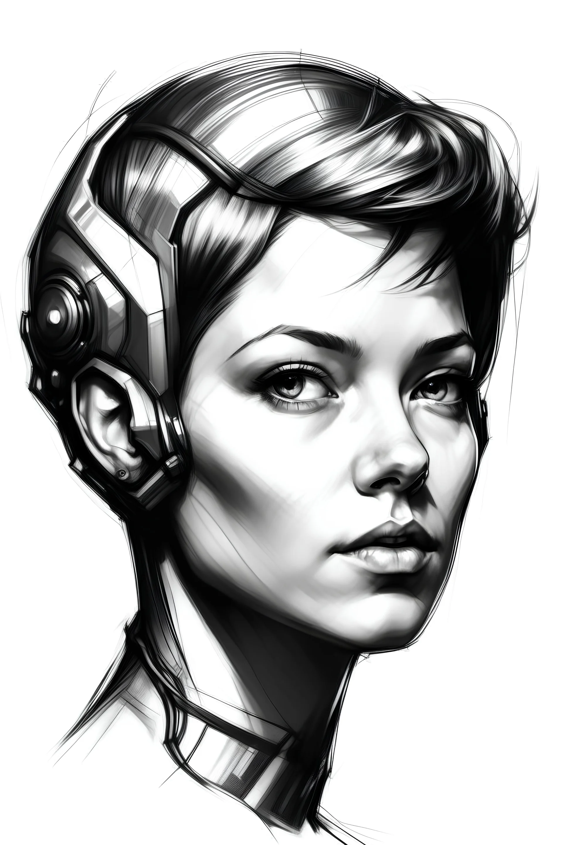 portrait of a 25 year old woman, sexy, fierce eyes, looking away. Robotic body and ear, short hair, human face. Sketch style.