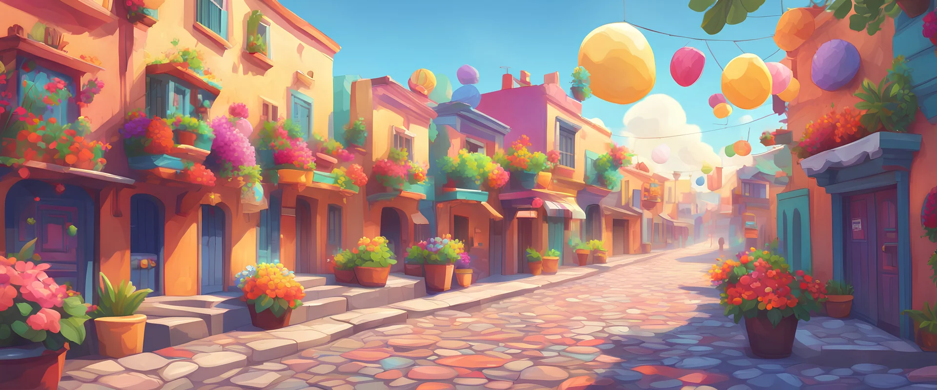 Background: colorful Mexican city street, sunny summer day, party, cobblestone, 3D vector cartoon asset, mobile game cartoon stylized, clean Details: colorful flowers, lights, daytime party, detailed. Camera: side angle, 90°, 35 mm. Lighting: colorful morning sky, LED lights. cartoon style