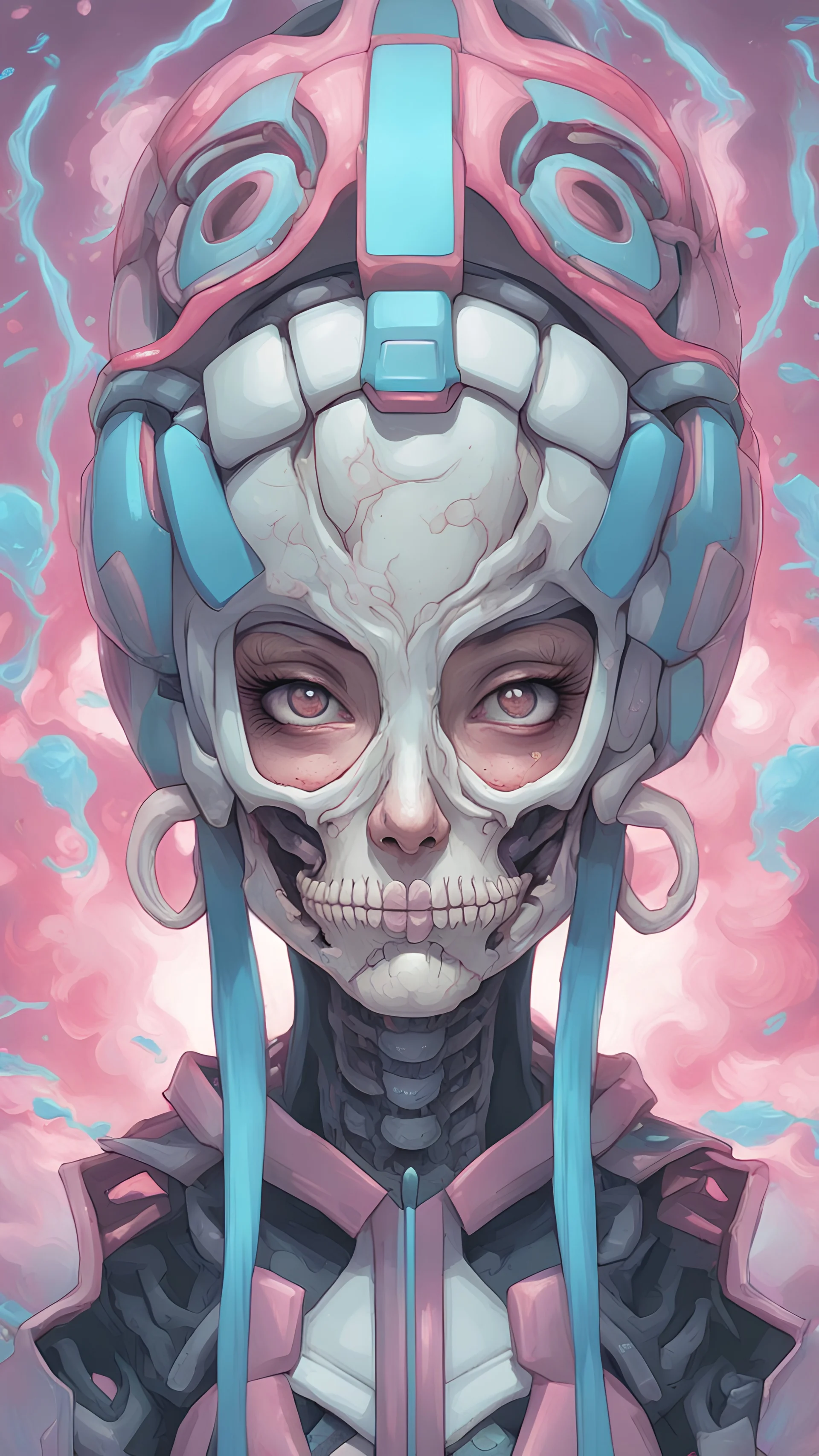 a close up of a person with a skull on their head, anime skull portrait woman, scary detailed art in color, hiroyuki-mitsume takahashi, nychos art aesthetic, half woman half skeleton, anime cyberpunk art, colored manga art, rossdraws pastel vibrant, cold colors. insanely detailed, beautiful anime portrait, stunning anime face portrait, scary art in color