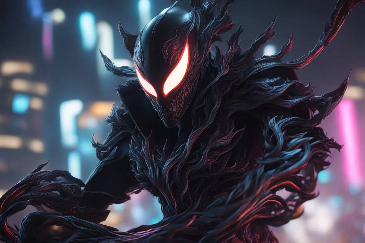 Machine symbiote in 8k solo leveling shadow drawing, shaco model, Halloween theme, neon lights, Chaos sea, intricate details, highly detailed, high details, detailed portrait, masterpiece,ultra detailed, ultra quality