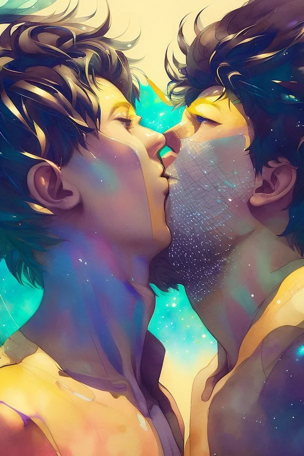 portrait anime man kissing man, ,yellow, stars hearts water, blue, watercolor, Yoshikata Amano, Edwin Landseer, Ismail Inceoglu, Russ Mills, Victo Ngai, Bella Kotak, hyperdetailed 8K resolution HDR DSLR, ultra detailed, ultra quality, CGSociety, intricately detailed, color depth, gliter, kiss