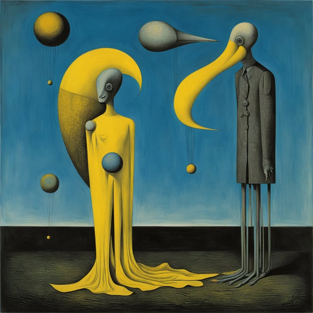 Neo Surrealism, horrifying and absurd, by Max Ernst and Magritte, existential residues of past failures surrealism, blue - yellow - black color scheme, assisted by Gabriel Pacheco