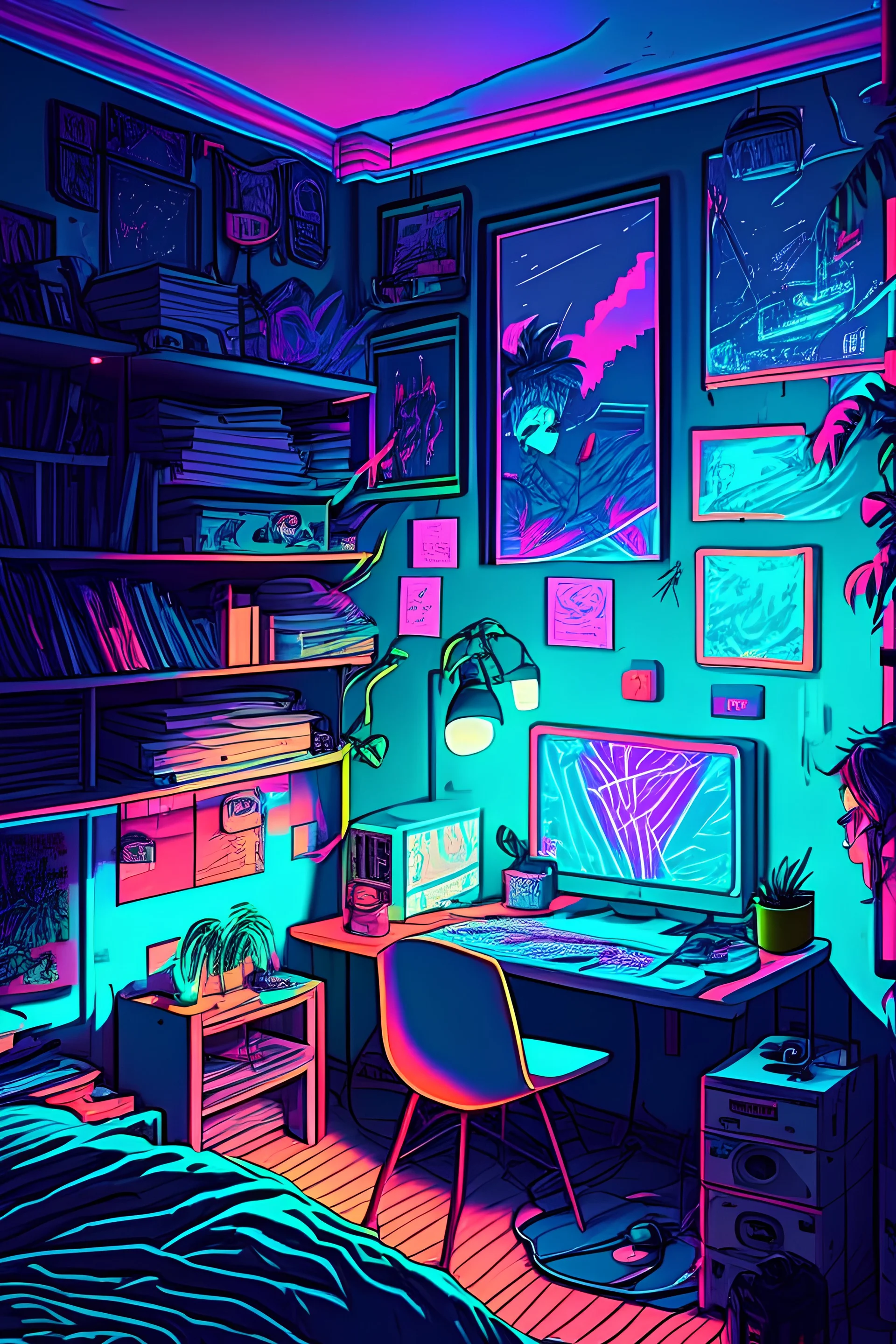 a drawing of the boy's room is adorned with neon and light up posters, in the style of anime aesthetic, webcam photography, studyblr, psychadelic surrealism, ultra detailed, trenchcore, use of screen tones
