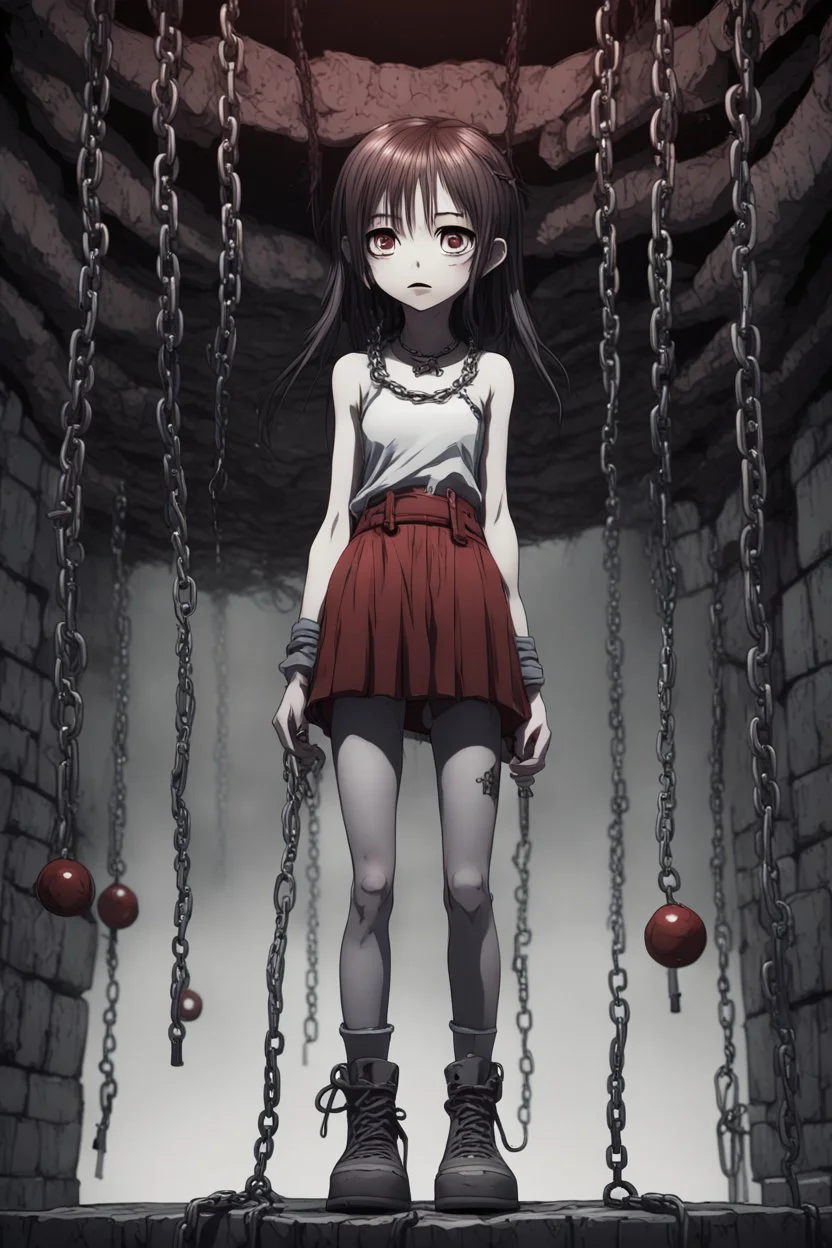 Anime girl with chain body holding long chains, fullbody, the perspective looking up from the bottom of an empty well ,Junji Ito style, darkred tones,high detailed, 4k resolution, digital paiting, cute, art, no background 3d pixar disney the cinematic FKAA, TXAA, and RTX graphics technology employed for stunning detail.