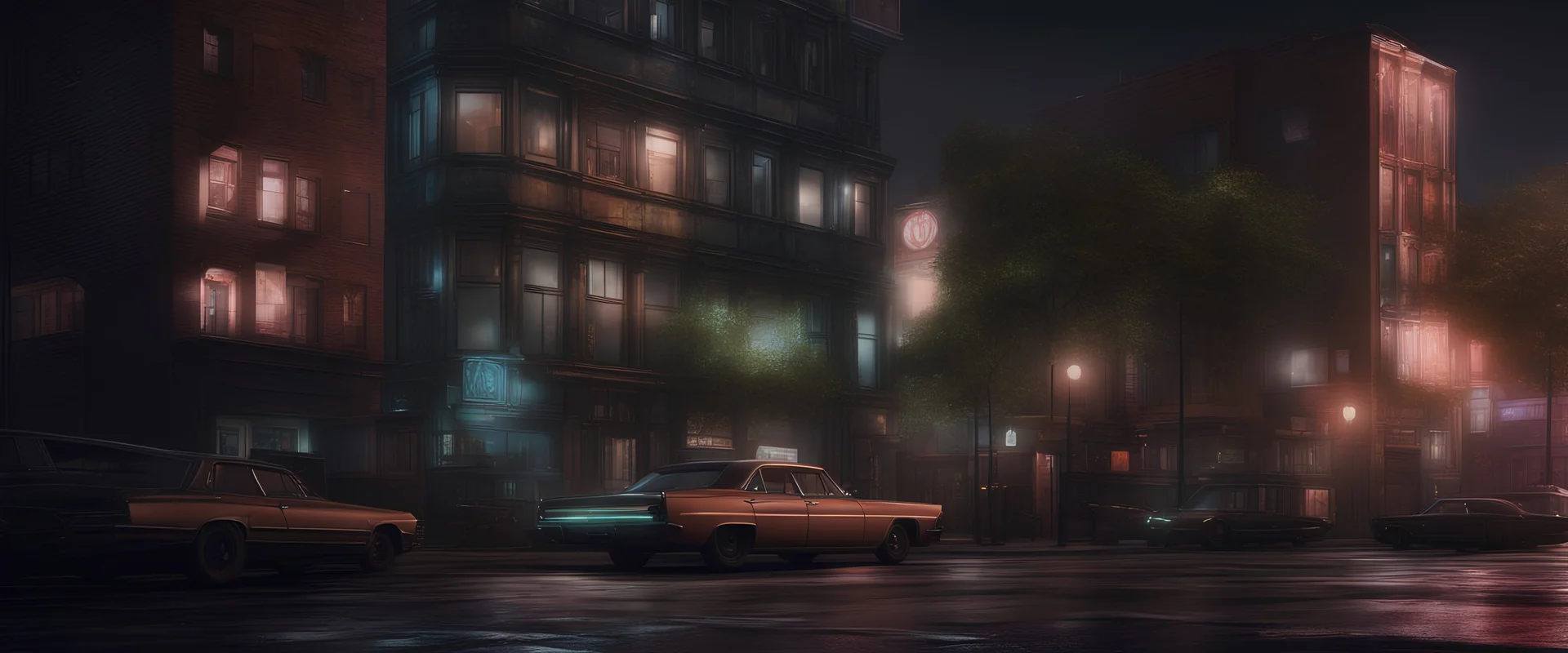 Retrofuturism, harlem at night, contemporary, frontal perspective, full shot view, urban landscape, night view, 8k, high resolution, realistic rendering, Cinematic, darkmood