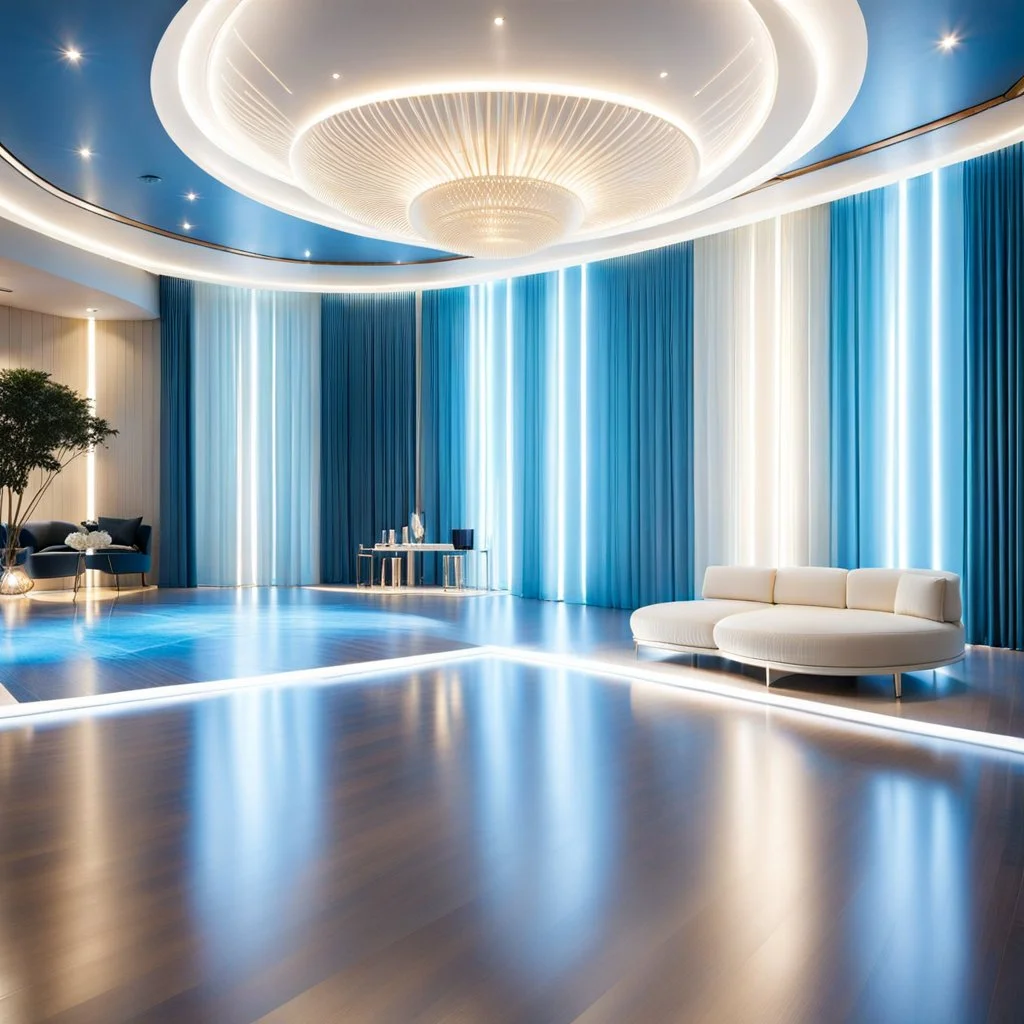 beautiful dance stage in luxury modern hall dynamic lights, modern furniture light blue & cream theme