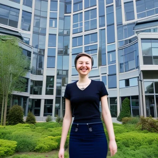 A short haired, female software engineer taking a selfie in front of Building 92 at Microsoft in Redmond, Washington