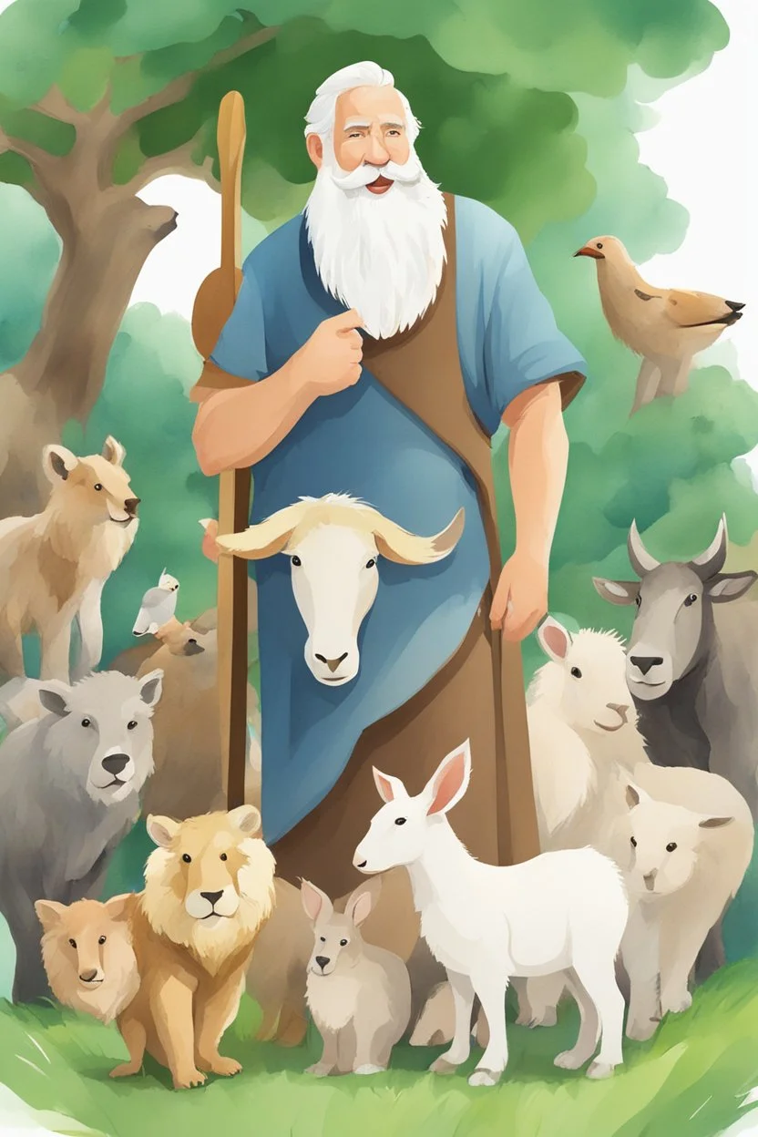 noah, big white beard, sandals, long tunic, hammer in tour hands, Arca de Noé com muitos animais, estilo cartoon, aquarela, pintura digital, 2D, vetor