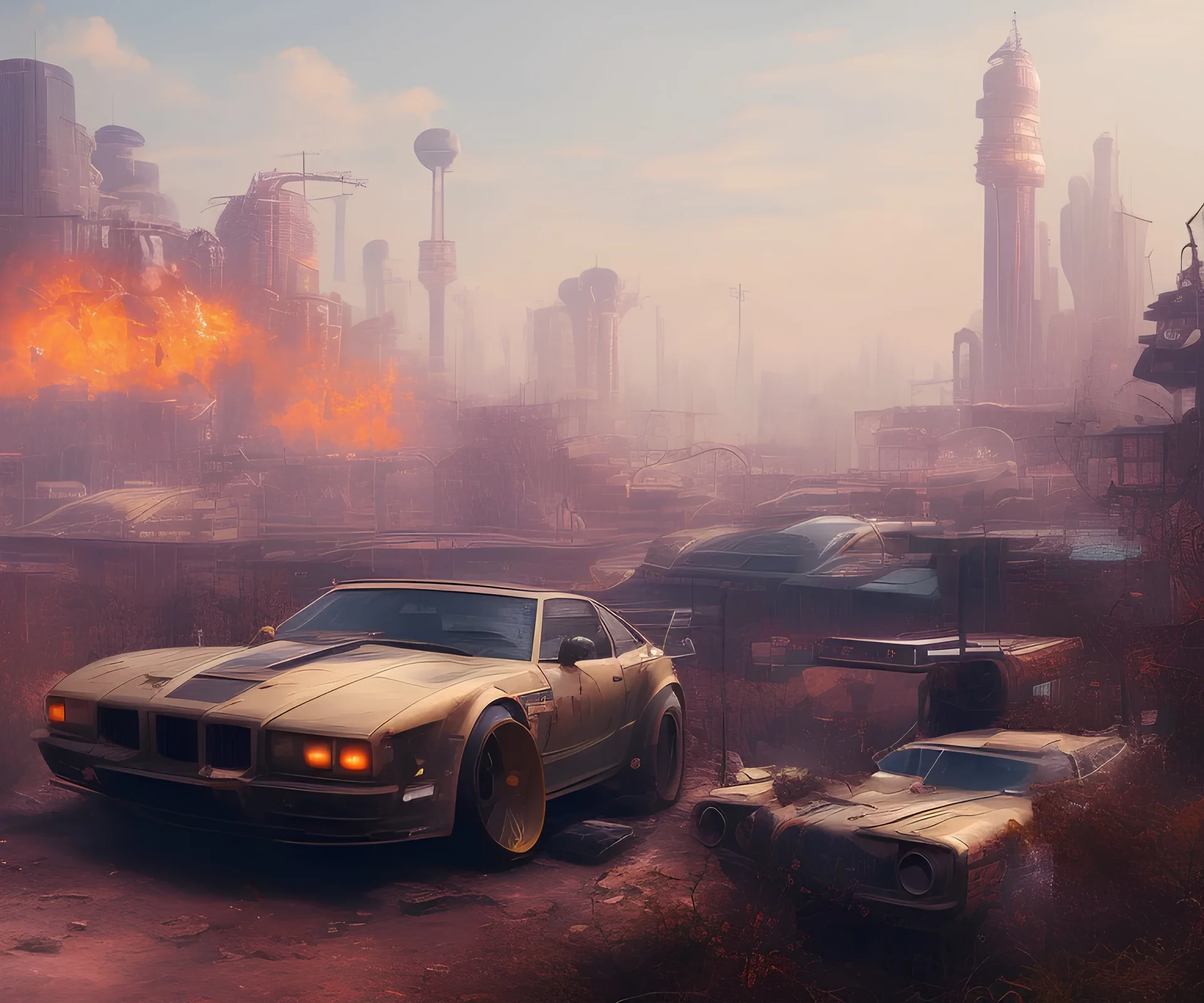 cyberpunk,landscape ,cars , cinamatic, highly detailed, close up, 4k , deep colours, gold , fire , red, purple,dark ,etheral , utopia , apocalypse,