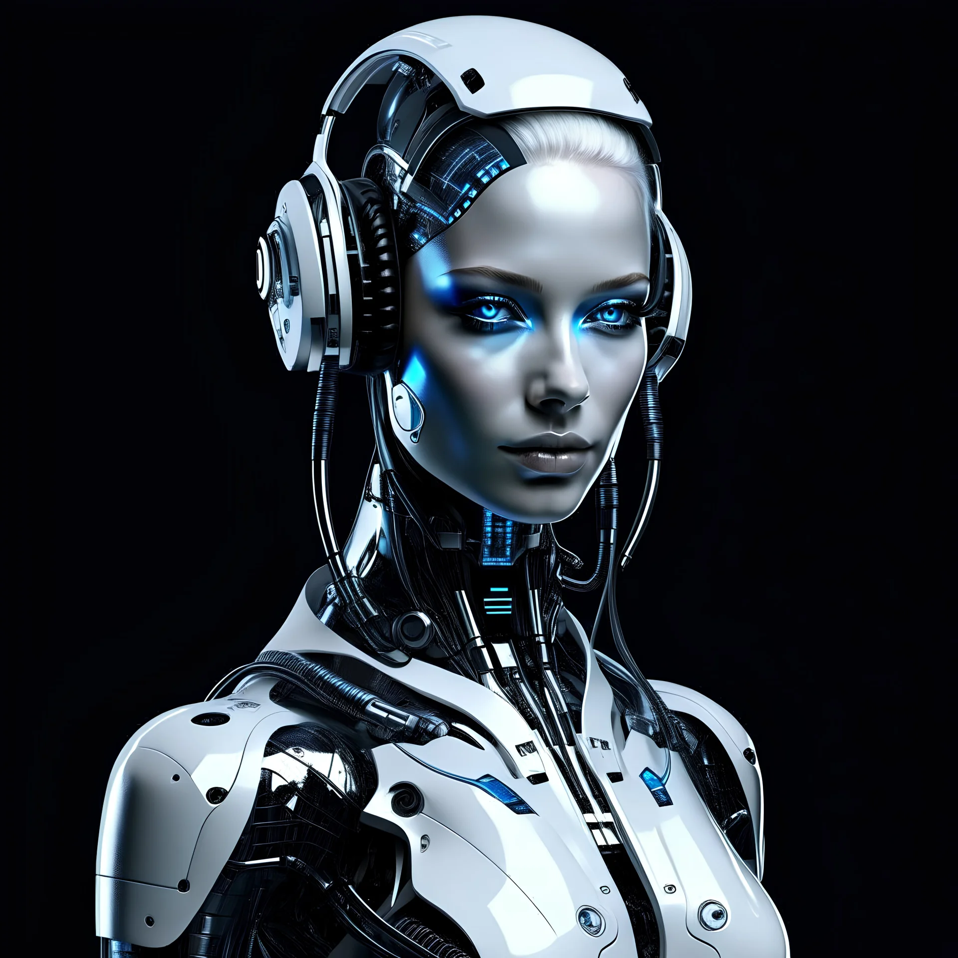 a raw photo of a fembot, natural lighting ,looking at the viewer, attractive, accessories, highly detailed, blue eyes, conceptual, science fiction--v6, full body, midjourney--v6