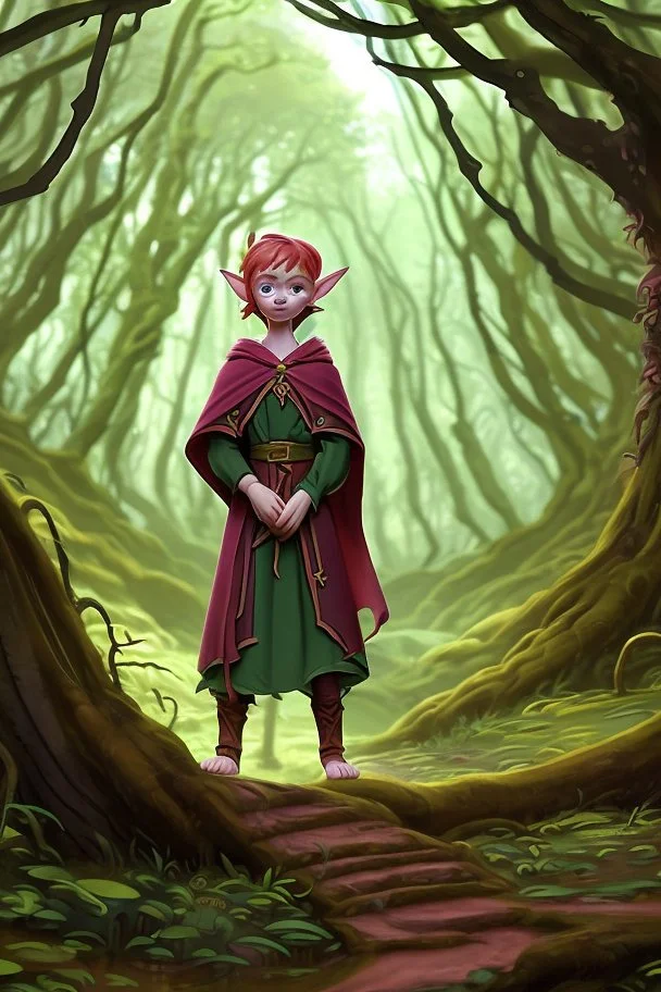 [Disenchantment, Elfo] Deep within the lush and vibrant forest of Elfwood, where towering trees stretched their canopies towards the heavens, a small and peculiar figure moved with cautious steps. This was Elfo, the elf-like creature with rosy cheeks, a perpetually naive demeanor, and a shock of fiery red hair that stood out like a beacon in the enchanted woods. Elfo was on his latest adventure, an expedition to uncover the mysteries of the great forest that had sheltered his fellow elves for