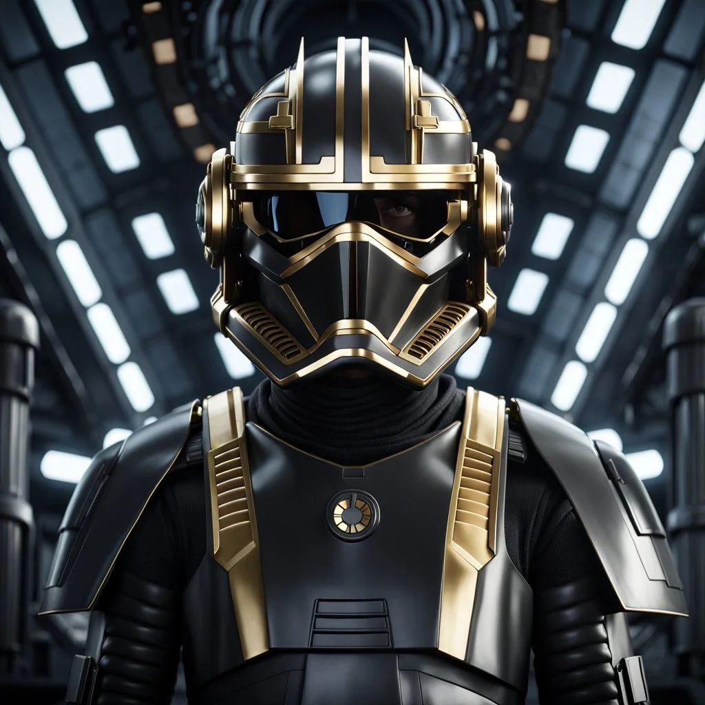 star wars bald male corellian pilot wearing pearlescent black and gunmetal grey First Order special forces heavy assault armor and helmet with gold trim inside the jedi temple, centered portrait, hyperdetailed, dynamic lighting, hyperdetailed background, 8k resolution, volumetric lighting, light skin, fully symmetric details