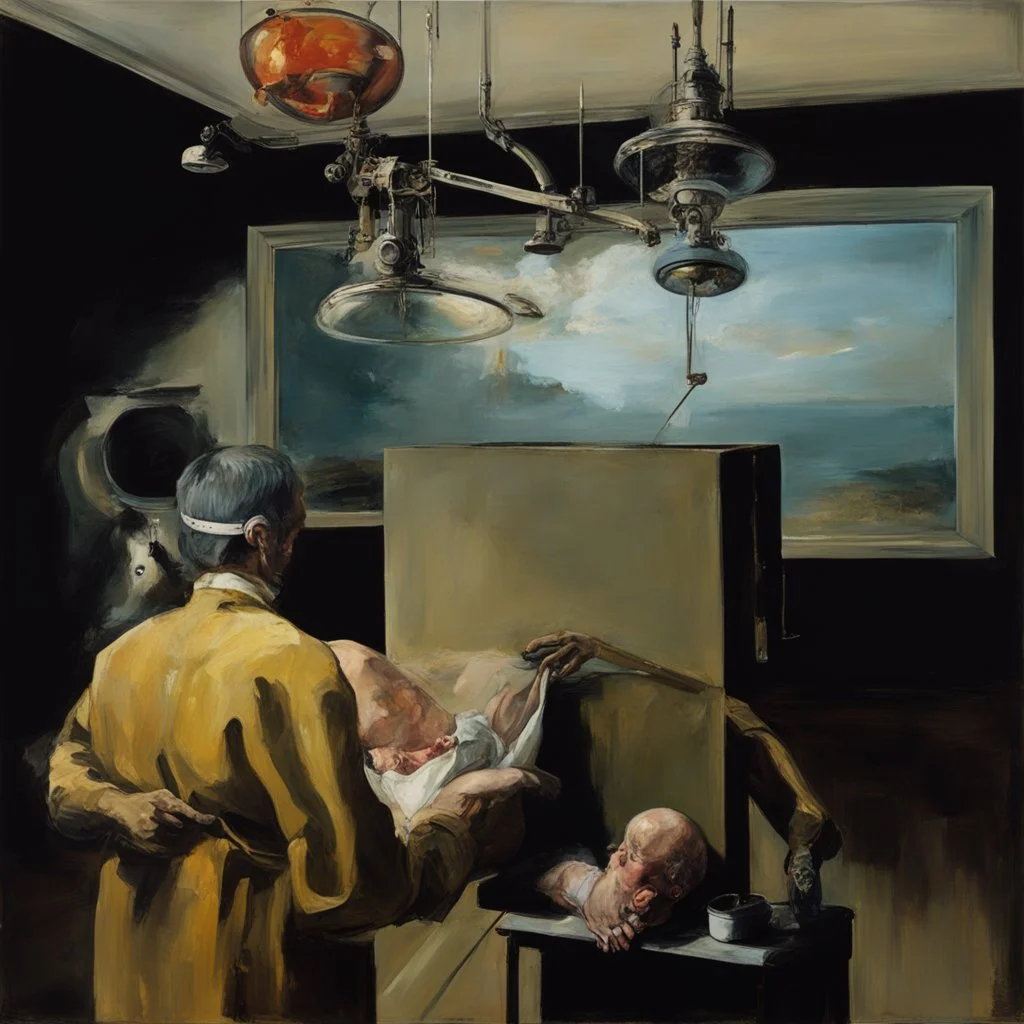 human body, universe-like light,complex surgical instruments mixed with a newborn boy,minimalism,Painting By Adrian Ghenie, Rene Magritte, Salvador Dali, Lucian Freud