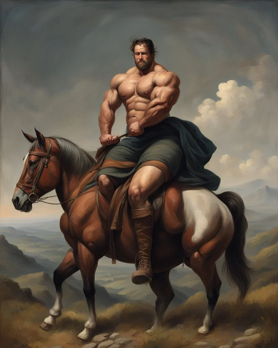 a big muscle man sitting on a horse in hills like a 19th painting