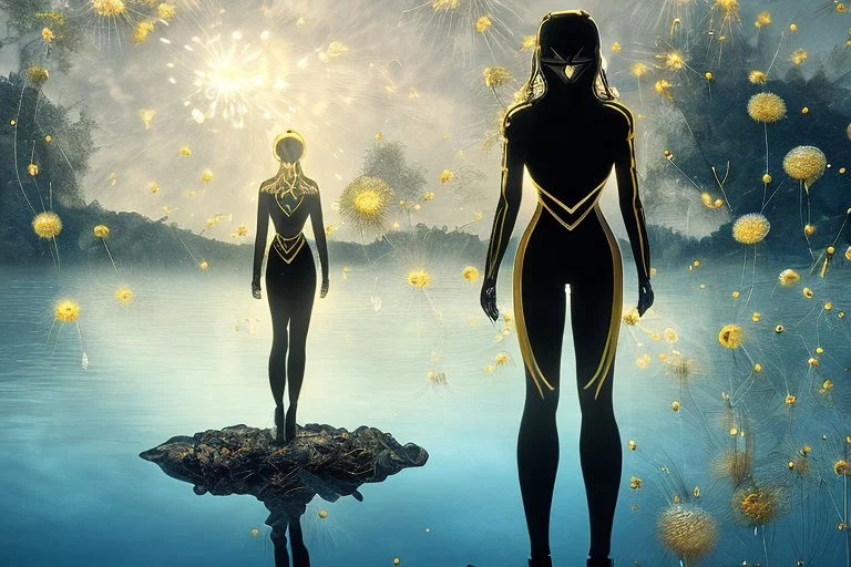 A skinny woman with black hair, in a gold and black android suit, standing, looking out over a lake, with flying dandelion heads with octopus tentacles, with tall narrow cloud trees in the distance