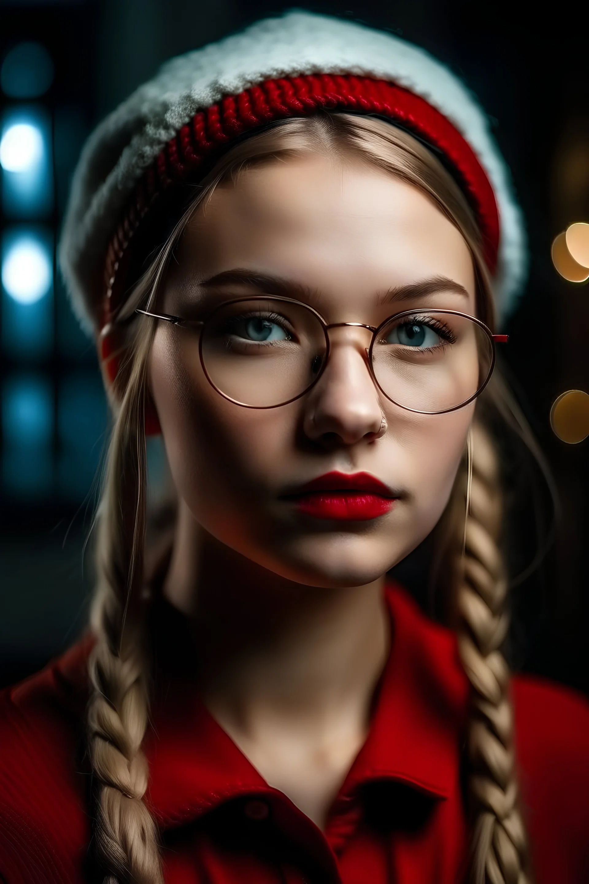 slavic girl 20 years old, glamour, proffesional photo, raw, slavic girl, glasses, santa's helper outfit, collar, dark, boxer braids blonde, xmass hat