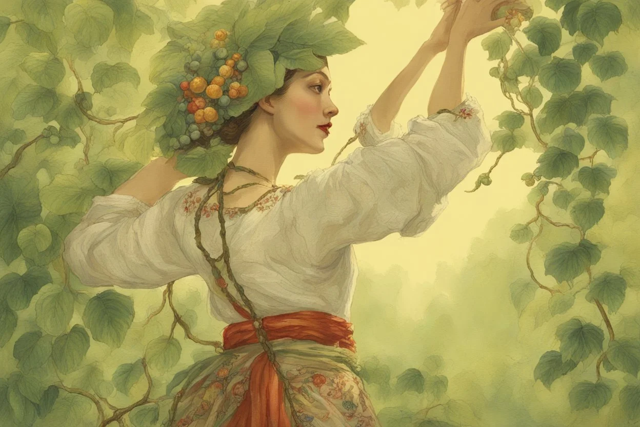 a lush jungle, a woman dressed in embroidered folk costume with a beaded bonnet on her head holding on to a vine with one hand while swinging across and reaching for the next vine with the other, dynamic movement, sunshine