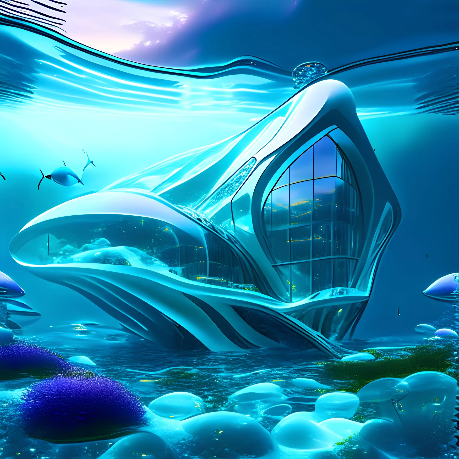 Futuristic crystal clear country house underwater Zaha Hadid style hyper-realistic 8k contrasting color detail