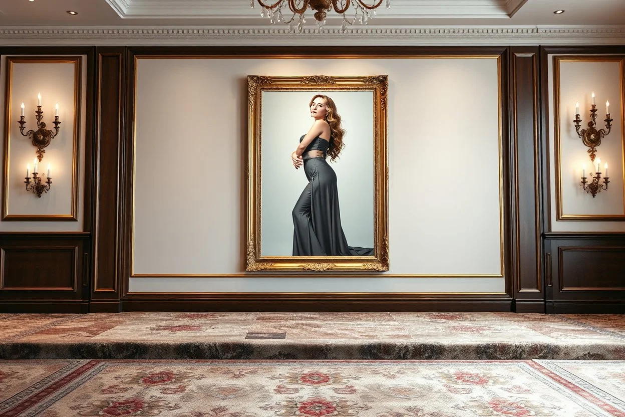 a very beautiful lady full body photo in pretty frame hanging a wall in a luxury galery stage with carpets in floor