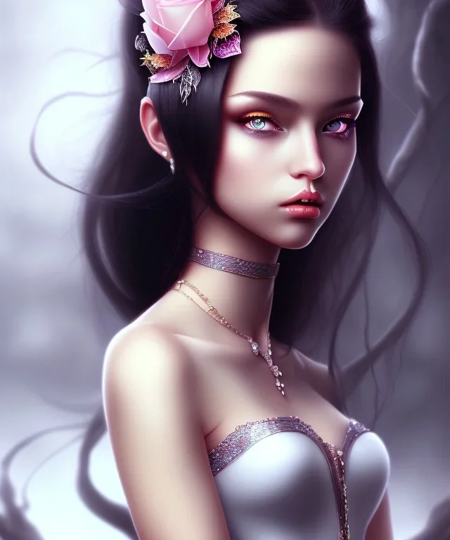 beatiful girl, black long hair, corsage, fantasy art