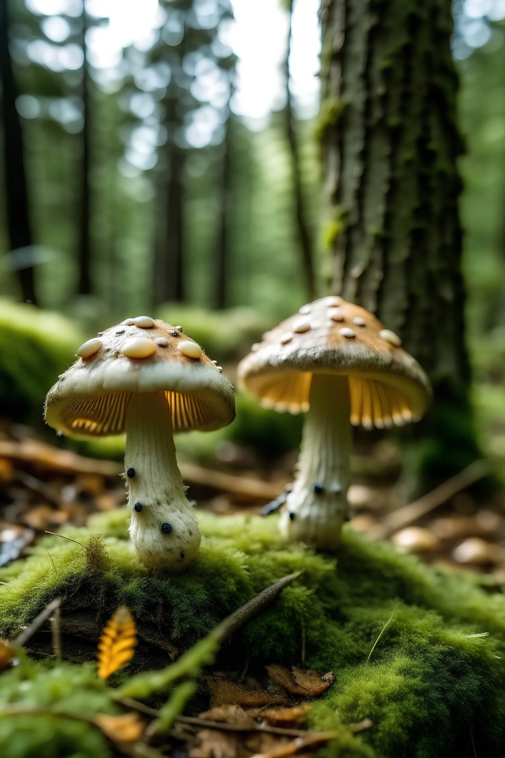 two legged mushrooms with two eyes living in a forest village