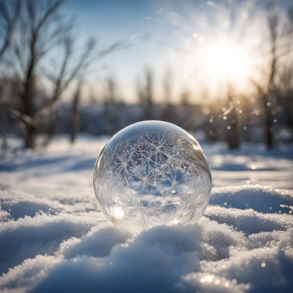 Frozen bubble in front of a snowy landscape, the bubble has wonderful icecrystals and the sun is shining, frozen, cold outside, swirley golden and silver lines,