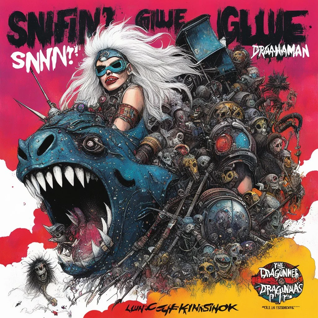 SNFIIN'GLUE album cover by Ralph Steadman for Aardschok(nl) and MetalHammer mag, guest star: Laurana Kanan from Dragonlance glitched acid trip by Mil Mascaras
