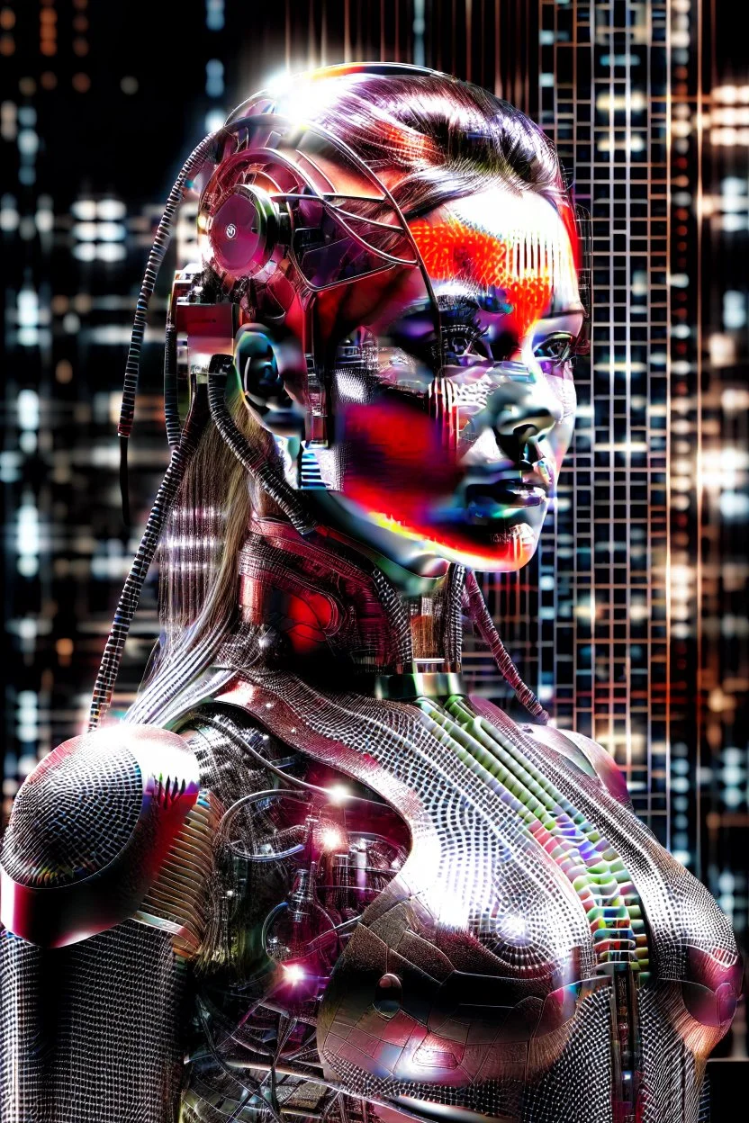 Generate an 8k image of a futuristic Hollywood superstar with android features, inspired by Luis Royo's art, wearing a metallic exosuit.In black and white, he draws the stages of human development from fetus to old age In a long room and a graveyard, and there is only one lighting source