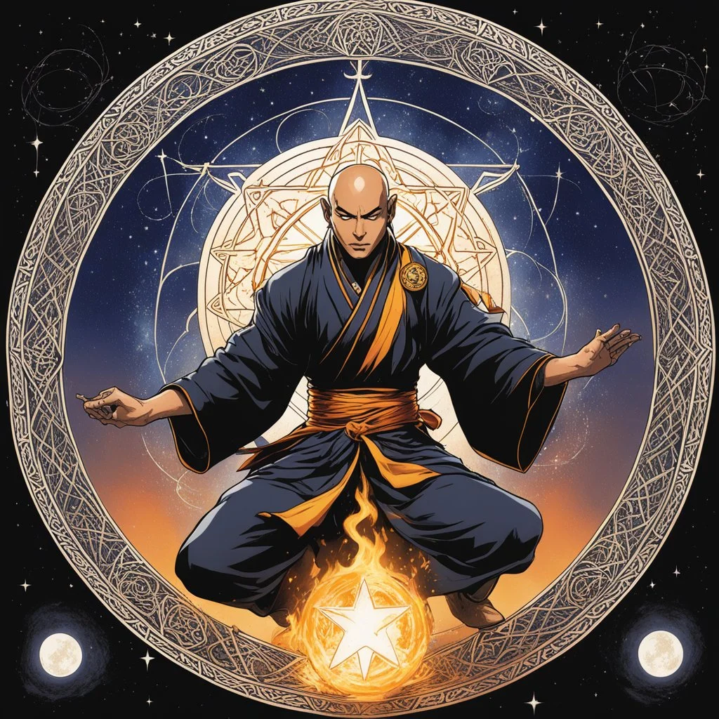 (in the style of Orion, by Masamune Shirow) a Shaolin monk casting a magic spell in the middle of a pentacle, magic is in the air, he cast fire by his hands