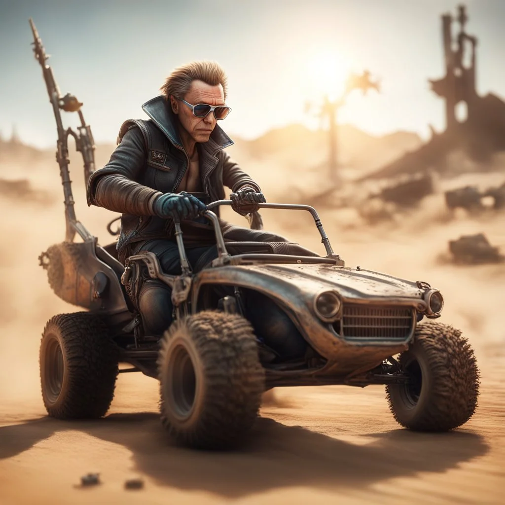 airbrush with pen outline, cool space mad max pimp Christopher Walken gremlin with a dune buggy in action scene, wearing driver gloves, wearing flip down sun glasses, in the style of a fallout 4,bokeh like f/0.8, tilt-shift lens 8k, high detail, smooth render, down-light, unreal engine, prize winning